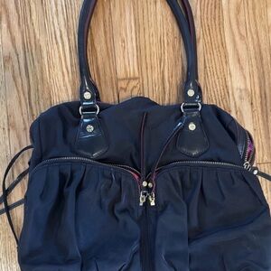 MZ Wallace Baby Jane Bedford Black Nylon Leather Red Trim Pink Interior Handbag